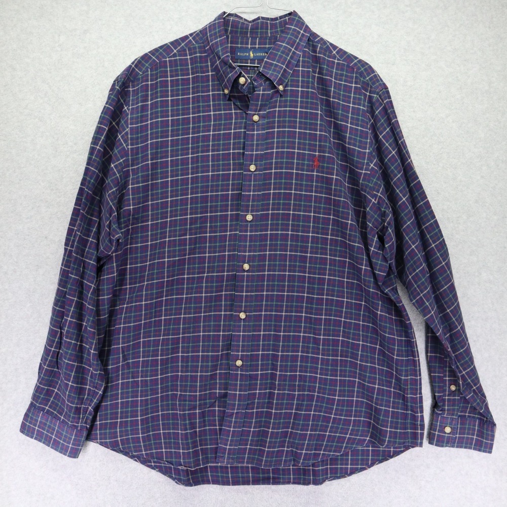 Ralph Lauren Shirt Mens XL Pony Business Casual Button Up Blue Plaid Long Sleeve